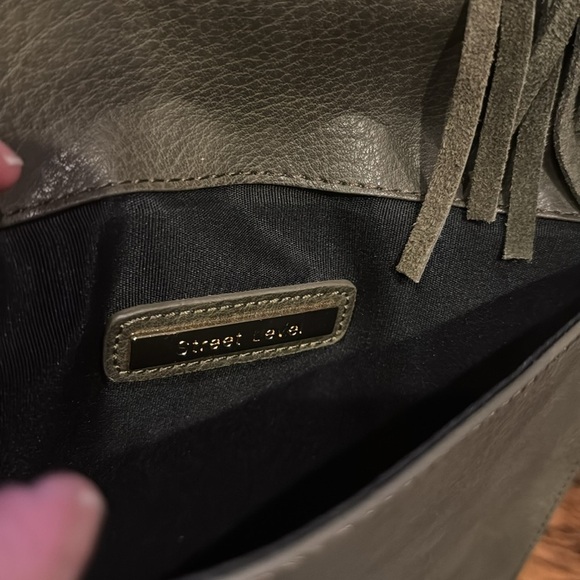 Anthropologie Street Level faux pebbled leather olive tasseled envelope clutch. - Picture 5 of 6